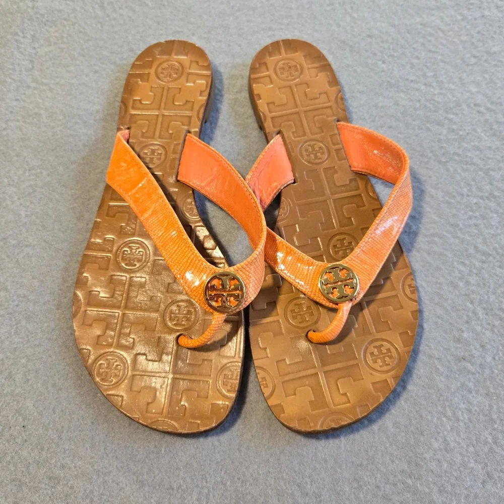 Tory Burch Miller Sandals Women 6M Orange Lizard Embossed Leather Logo Flat Flip